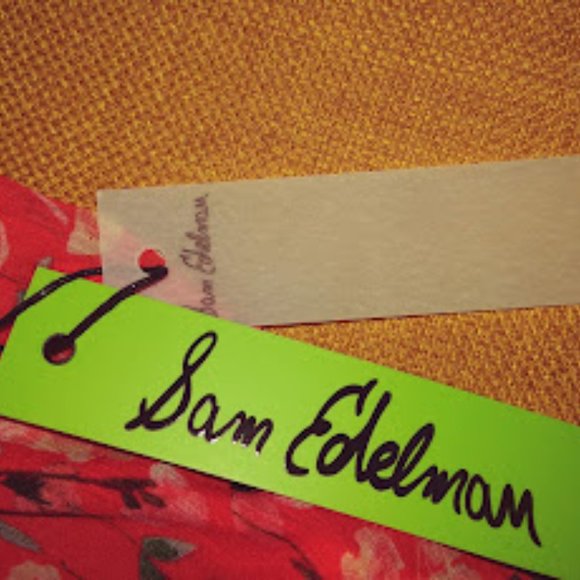 Sam Edelman Orange Coral Floral Sleeveless Smocked Handkerchief Hem dress Sz L - Picture 13 of 15